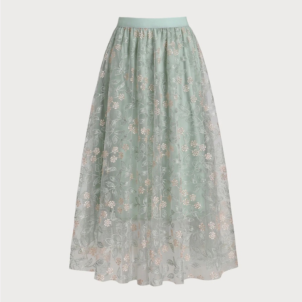 Rihoas Green Embroidery Elastic Waist Midi Skirt